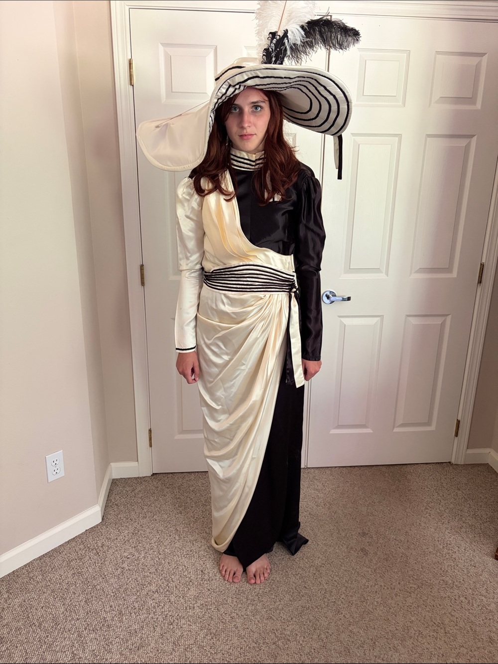 Vtg Rubies My Fair Lady 2Tone Black &Cream Maxi Dress w/Draped Satin Skirt Hat
